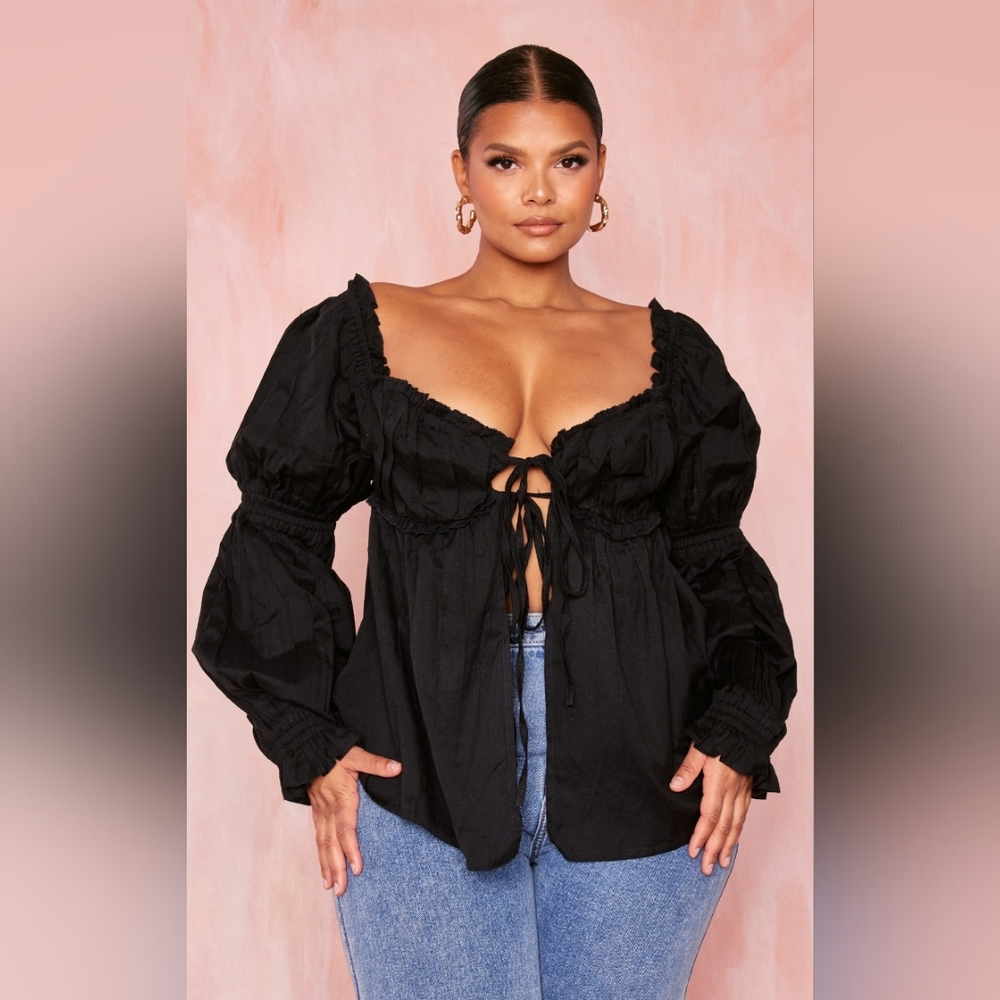 Size 20 black tie front puff sleeve blouse by PrettyLittleThing